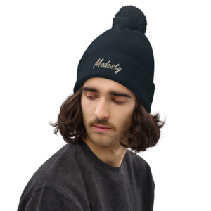 Modesty Branded Pom Pom Beanie – Navy/Black - Image 5